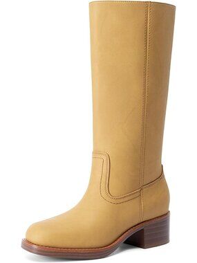 Women's Yellow Faux Leather Mid Calf Square Toe Chunky Heel Pull On Riding Boots